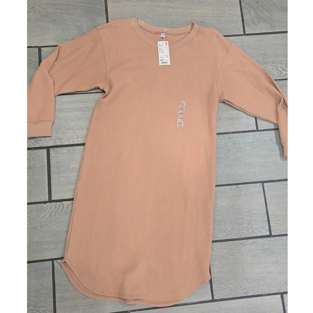 Uniqlo Waffle V Neck Long Sleeve Dress Beige XXS 422510 Cotton Blend NWT